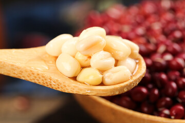 Pearl Barley Grains on Wooden Spoon with Red Beans Background - Healthy Cereals and Legumes for Nutritious Diet