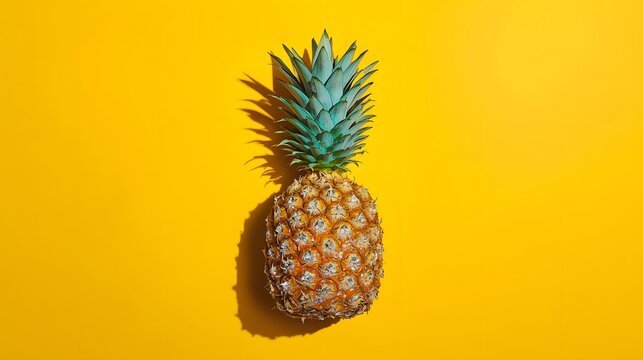 Minimal tropical concept with ripe pineapple on vibrant yellow background, symbolizing summer, freshness, exotic fruit, healthy lifestyle, tropical vacation and modern food art design