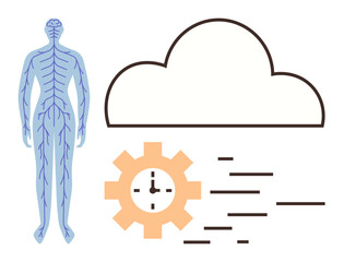 Human nervous system illustration, a cloud outline, and a gear with a clock. Ideal for biology, technology, data storage, human-machine interaction, innovation healthcare education. Simple flat