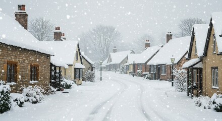 Fototapeta premium 静かな雪景色 白く輝く家並み 穏やかな冬景色. AI Generated