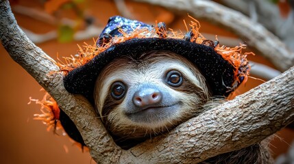 Obraz premium Curious Sloth Wearing Festive Hat on Tree Branch in Colorful Setting