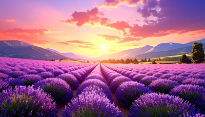 Lavender field at sunset with mountains in the background.