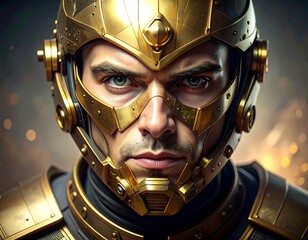 Close-up portrait of a man wearing an intricate gold metallic helmet and armor, showcasing a determined and intense expression.