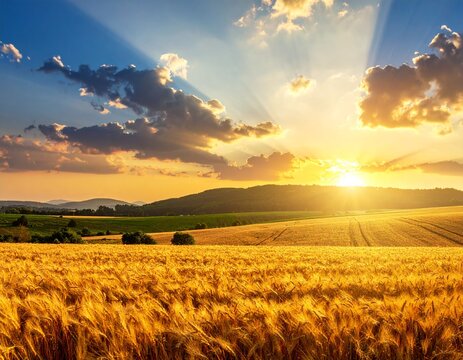 Golden wheat field bathed in warm sunlight under a dramatic, cloudy sky at sunset. - Powered by Adobe