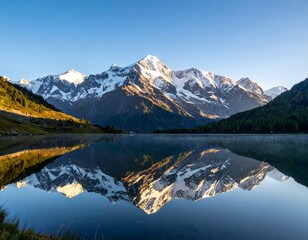 A majestic snow-capped mountain range is reflected in the calm, clear waters of a serene alpine lake under a bright blue sky.