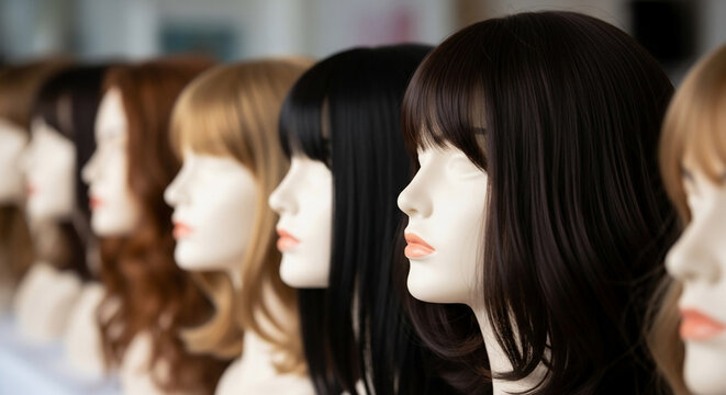 Mannequin heads in profile displaying various wigs