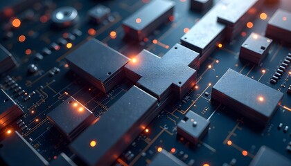 Abstract 3D technology shapes with metallic textures and light reflections, dynamic composition, modern tech feel .