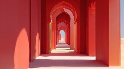 Stunning Red Archway Corridor Leading to a Bright, Serene Landscape Under the Clear Blue Sky