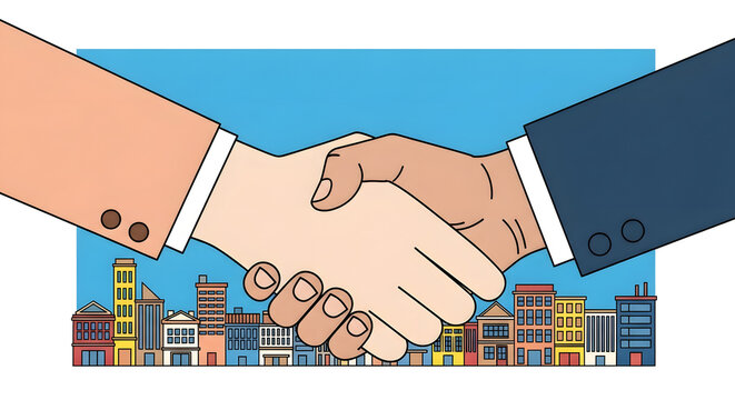 Diverse partnership concept illustration with handshake and cityscape silhouette - Powered by Adobe