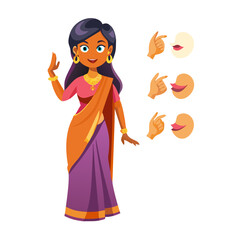 An Indian Woman Character Constructor. Indian Woman creation Set. Indian Woman Character Model Sheet with Lip Sync, Hand Gestures, and Saree Outfit | 2D Animation Design. Indian Woman in Saree. See Le