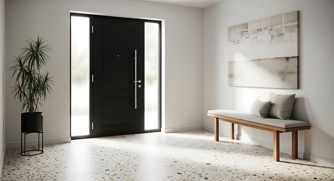 Spacious and sunlit entryway of a modern home with a black front door, terrazzo flooring, and minimalist decor
