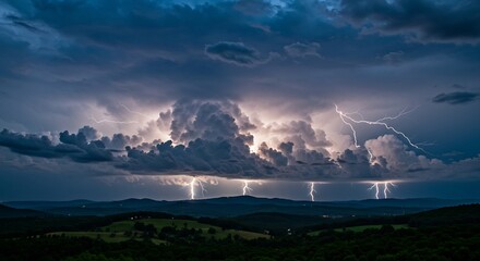 暗闇を裂く稲妻 山並みを照らす神々しい光. AI Generated