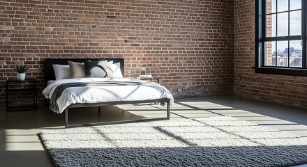 Sunlight streams through the window of a modern industrial loft bedroom, illuminating the bed and exposed brick wall