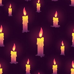 Seamless Pattern of Burning Candles Melted Wax Dark Background Halloween Night Light