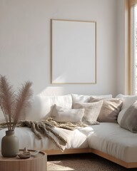 Cozy Japandi living room with a white sectional sofa beige pillows and a blank vertical frame mockup on a textured wall.