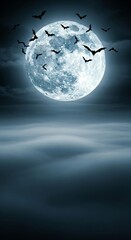 Spooky Halloween Night Scene Full Moon Bats Cloudscape Mystical Atmosphere