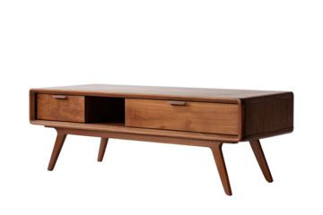Wooden TV stand with two drawers and open compartment.  Mid-century modern style.  Simple design.  Light brown wood finish