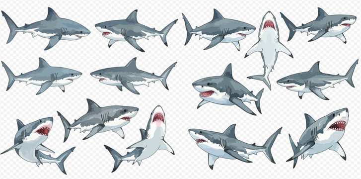 Collection of cartoon sharks in various poses, some with open mouths revealing teeth.
