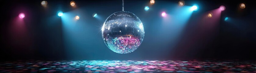 Obraz premium Groovy dance scene in vintage 70s disco background concept. A vibrant disco scene with a shining disco ball and colorful lights.