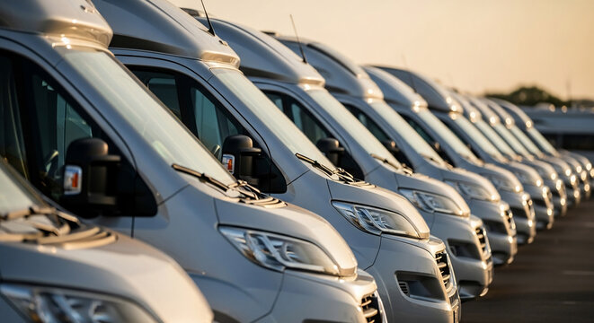 Row of identical vans parked outdoors in warm light