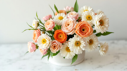 Elegant floral arrangement with roses and daisies in a white vase against a neutral backdrop