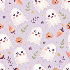 Adorable Halloween Seamless Pattern Cute Ghosts Pumpkins Candy Corn Stars