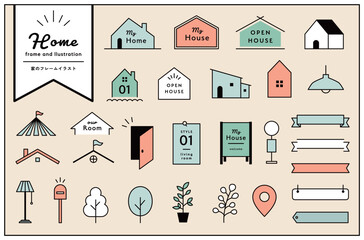 家のフレームとイラストのセット　住宅　住まい　暮らし　ライフスタイル　リボン　飾り　装飾