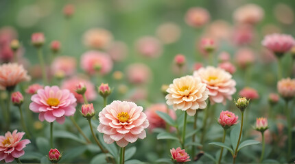 Obraz premium A Serene Garden of Pink and Peach Zinnia Flowers in Full Bloom with a Soft Focus Background