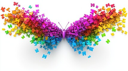 Colorful Puzzle Pieces Forming a Butterfly Shape on White Background
