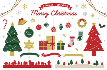 クリスマスのイラスト素材とフレームのセット　飾り　装飾　あしらい　クリスマスツリー　プレゼント　結晶