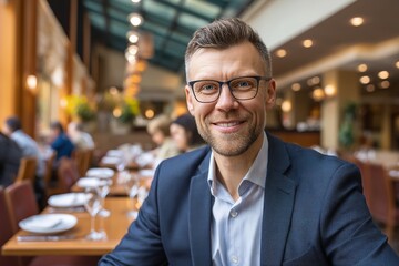 Fototapeta premium A portrait of a middle-aged man, he is about in his forties, wearing glasses, sitting in a cafe, has a beard, dressed in stylish business attire, with a rustic wooden table.