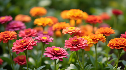 Vibrant Zinnia Garden Displaying a Spectrum of Orange and Pink Blossoms in Full Bloom