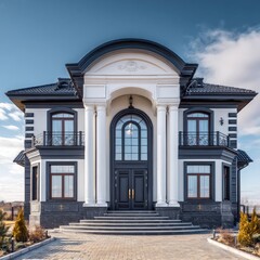 Obraz premium A grand estate home entrance, featuring a stately, black and white fa?ade with a large arched entryway, showcasing classic architectural details.