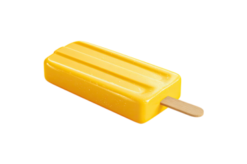 A bright yellow popsicle, rectangular shape, wooden stick