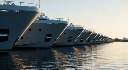 Luxury yachts moored in a row at sunset