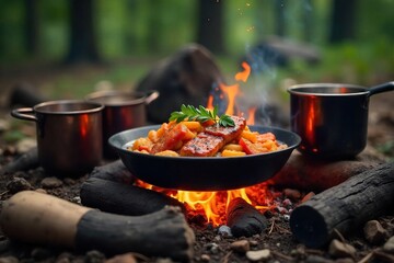 Delicious campfire-cooked meal sizzling over glowing embers, surrounded by rustic camping equipment Perfect for outdoor cooking and adventure themes , embers, utensils