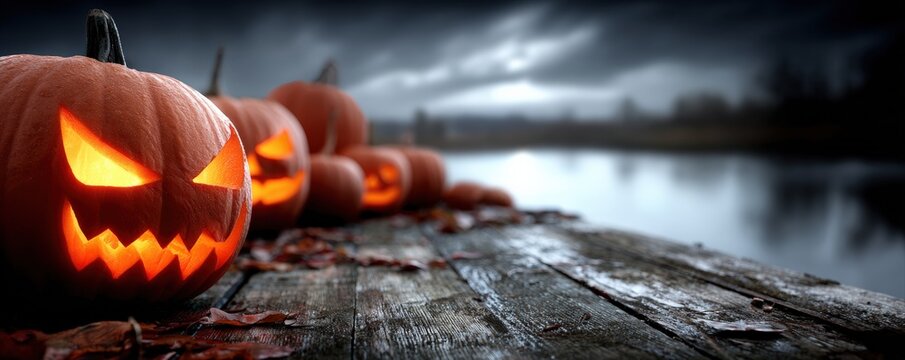 Jack o' lanterns glowing on a pier by a serene lake, enhancing the eerie Halloween atmosphere with their spooky, festive presence