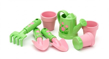 緑ピンクのかわいい子供用ガーデニングセット 明るい光で輝くおもちゃ This translates roughly to: "Cute green and pink children's gardening set; toys shining in bright light". AI Generated