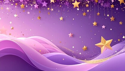 Abstract purple waves with gold stars falling, twinkling on a dreamy background