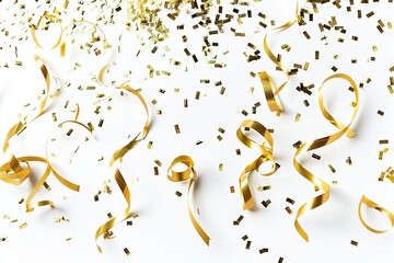 A high-angle close-up shot shows gold confetti and curling ribbons scattered on a white background, suggesting celebration or festivity