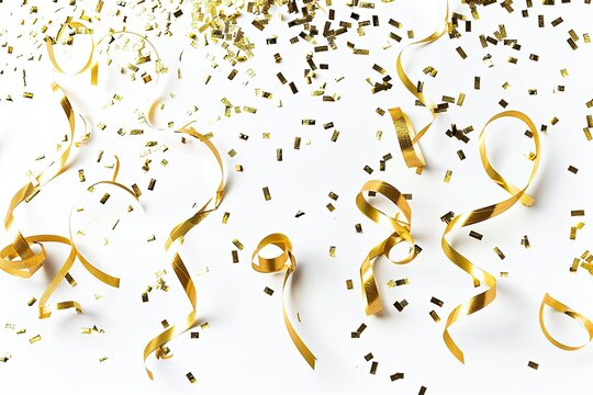 A high-angle close-up shot shows gold confetti and curling ribbons scattered on a white background, suggesting celebration or festivity - Powered by Adobe