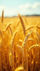 Golden wheat stalks bend low, scattered across a sun-drenched field, signifying the end of the harvest season A beautiful display of nature's bounty, ripe for the taking , land, golden, golden hour