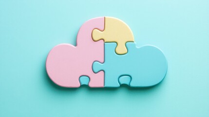 Colorful Puzzle Pieces Forming a Cloud on a Light Blue Background