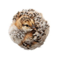 A charming fluffball of a chick with soft, beige and brown feathers, showcasing its adorable round shape.