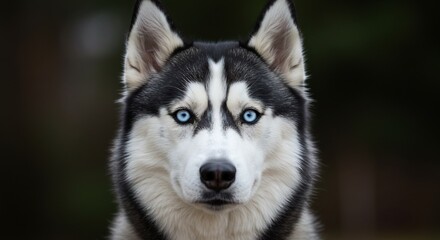 Obraz premium Husky yeux bleus intense regarde fixement lumiere douce fond flou. AI Generated