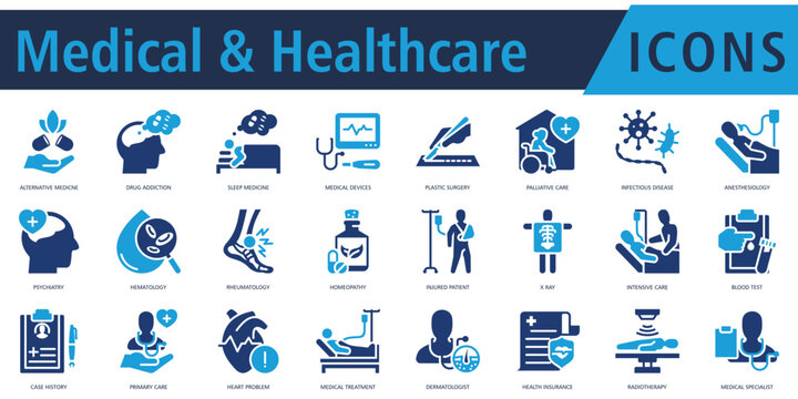 Medical Healthcare Icon Set Glyph Duotone with alternative medicine, drug addiction, sleep medicine, medical devices, plastic surgery, palliative care, infectious disease
