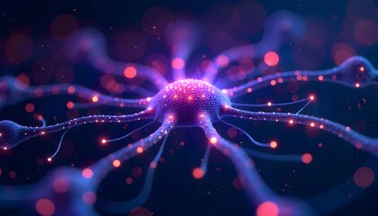 Abstract AI neural network with glowing synapses and digital particles, futuristic and sleek design, purple and blue palette.