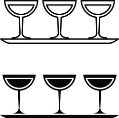 Three empty wine glasses on a tray in outline and silhouette styles