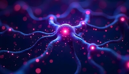 Abstract AI neural network with glowing synapses and digital particles, futuristic and sleek design, purple and blue palette.