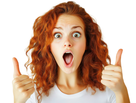 Excited young woman with curly red hair expressing joy and enthusiasm with open mouth and thumbs up gesture against a white background